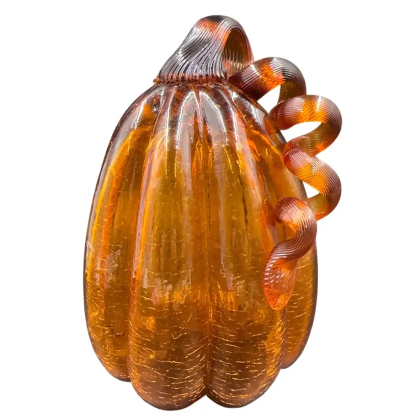Hand Blown Amber Glass Crackle Pumpkin