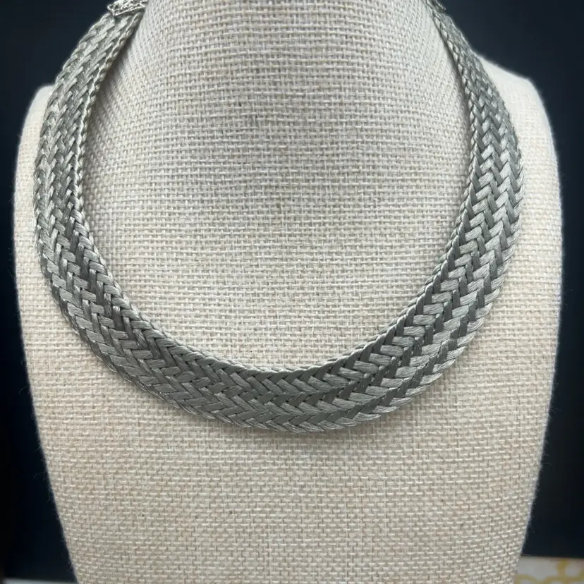#01 Vintage Silvertone Woven Mesh Collar Choker Necklace 14” Wide Braided Statement