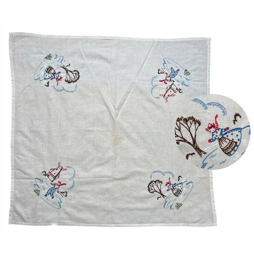 Vintage 50s Cottagecore Embroidered Tablecloth Holiday Dutch Winter Ice Skating