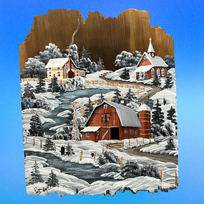 Vtg Americana Folk Painting Wooden Shingle BarnCountry Rural Winter Pat Stephens