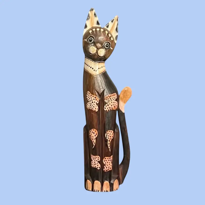 #087- Cat Figure Statue 20” Folk Art Hand Carved And Painted Wood Jamaica