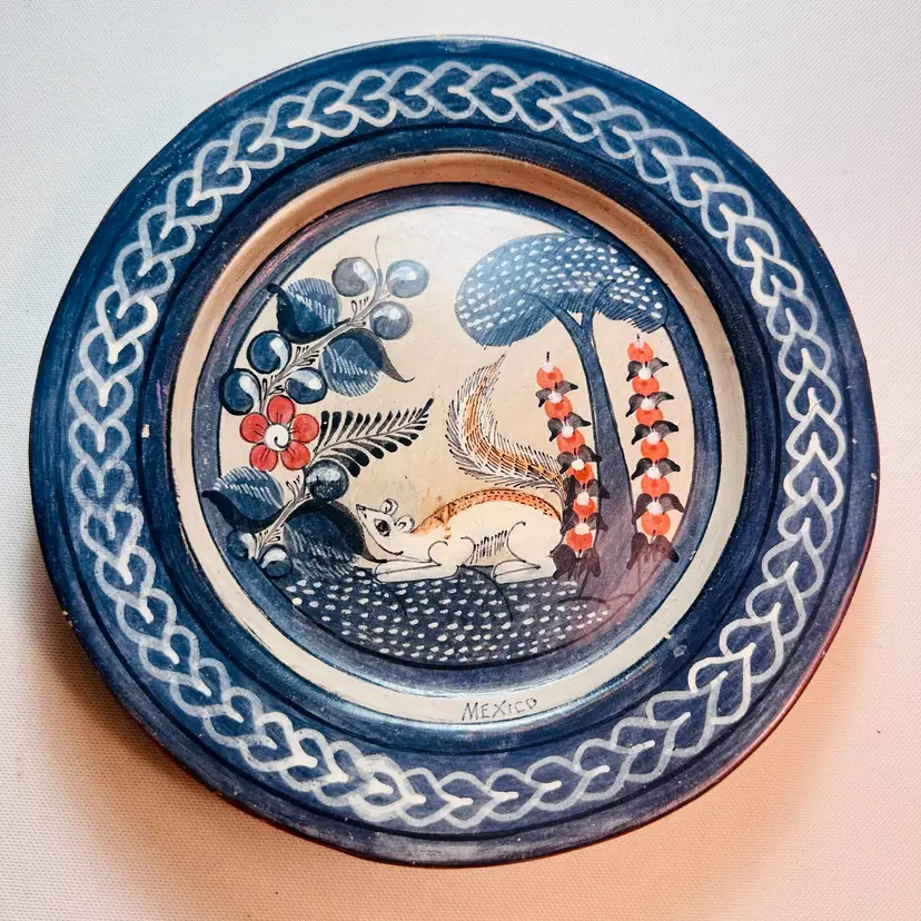 Vintage  Hand Painted Squirrel Scene Tlaquepaque Decorative Plate