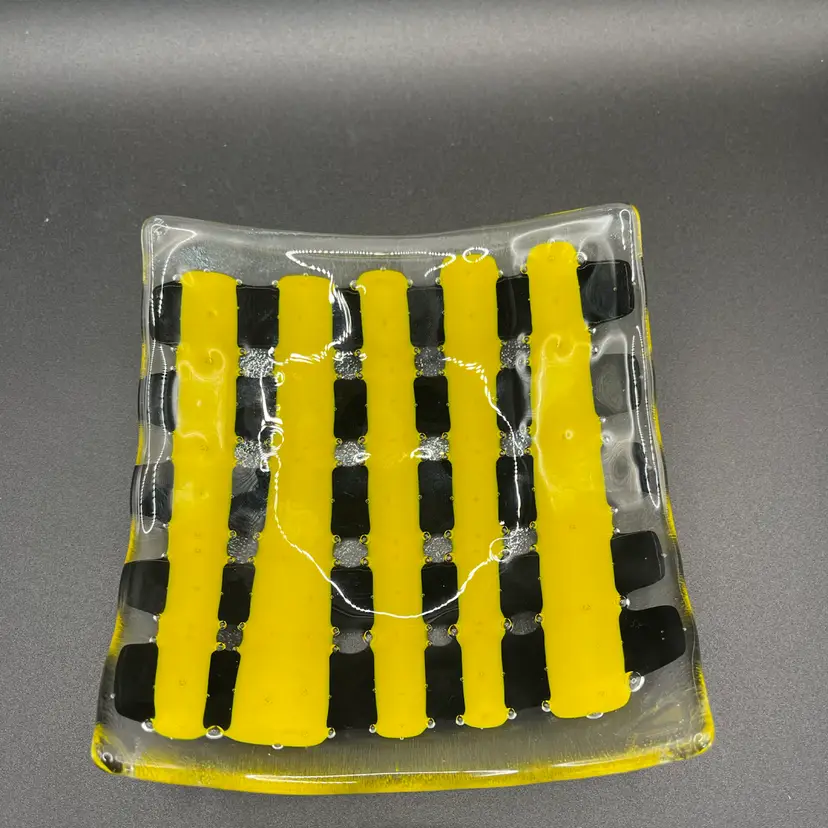 Yellow And Black Fused Glass Trinket Dish