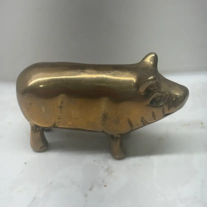 Vtg Small Solid Brass Pig Figurine - 3" Chonky Stylized Farmhouse Paperweight