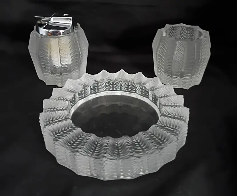 Lalique Crystal Smoking Set ~ 3 pc Jamaique Ashtray Lighter Cigarette Holder