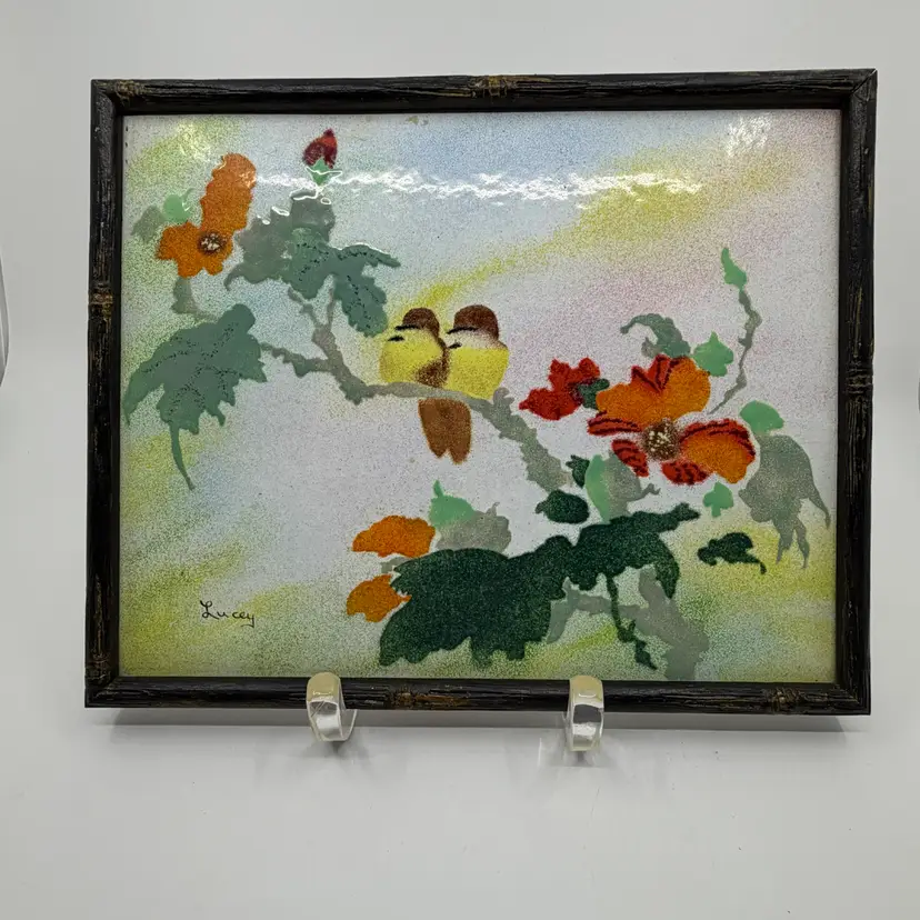 Vintage Framed Jean Lucey Enamel On Copper Painting Birds & Florals 10.5”