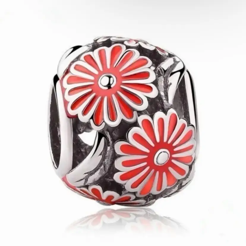 Red Flowers Round Ball Bead European Charm - Collectable Classic Edition