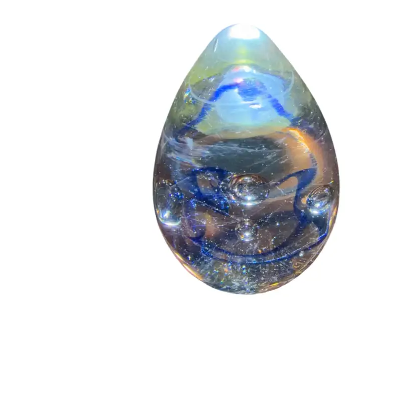 #37 …. Blue Ribbon Swirl Art Glass Paperweight with Suspended Bubbles