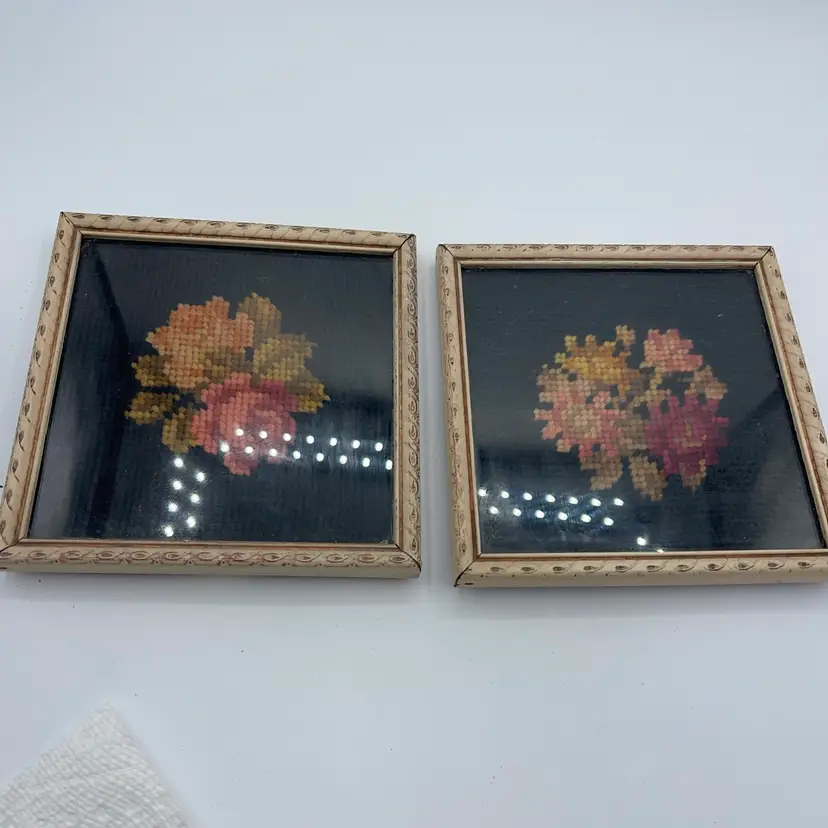 framed Cross Stitch  Flowers 5.5 Inches Set Of Two Vintage