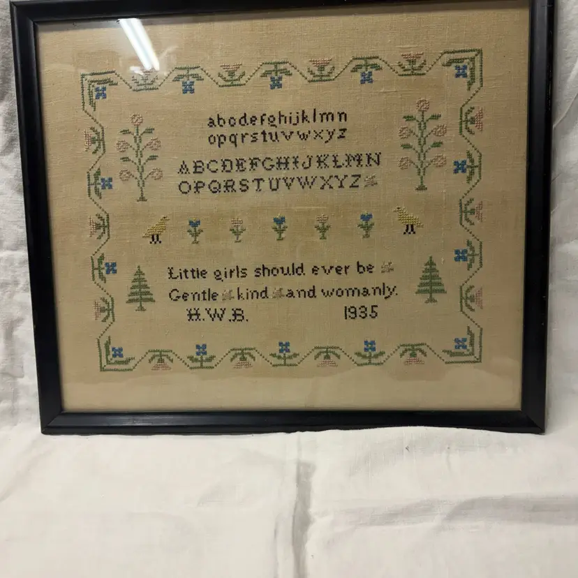 Vintage Framed Needlepoint Sampler Alphabet Floral Bird Moral Maxim 1935