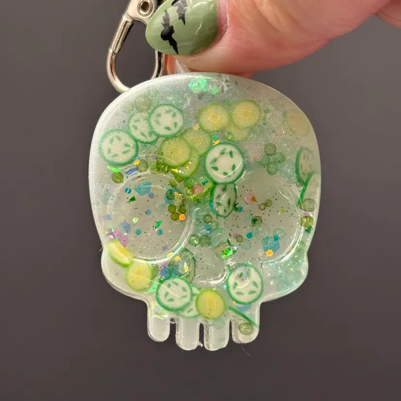 Glittery Pickle Skull Keychain Bag Clip - Made by Me