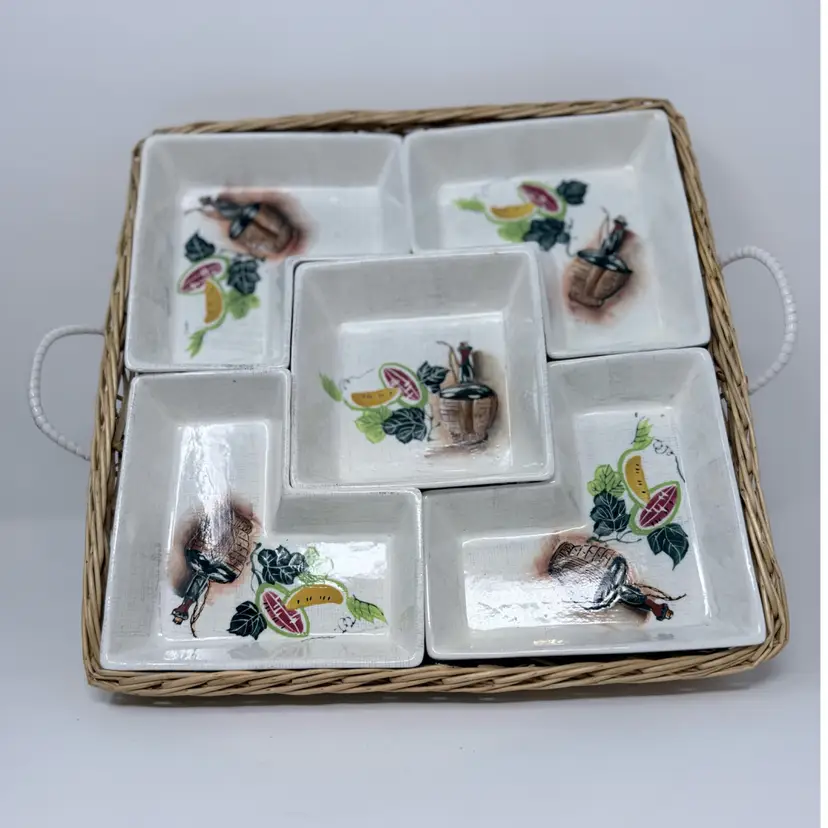 Vintage 5 Compartment Ceramic Tray Serving Set with Carrying Basket