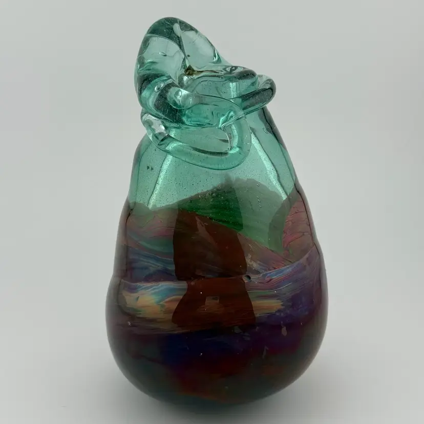 Hand Blown Art Glass Gourd Vase – Aqua & Iridescent Multicolor – Rough Pontil