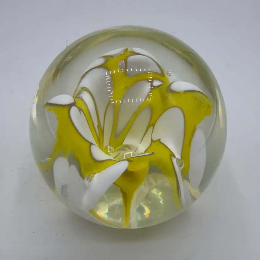Yellow And White Flower Paperweight Signed RT Glass 2000