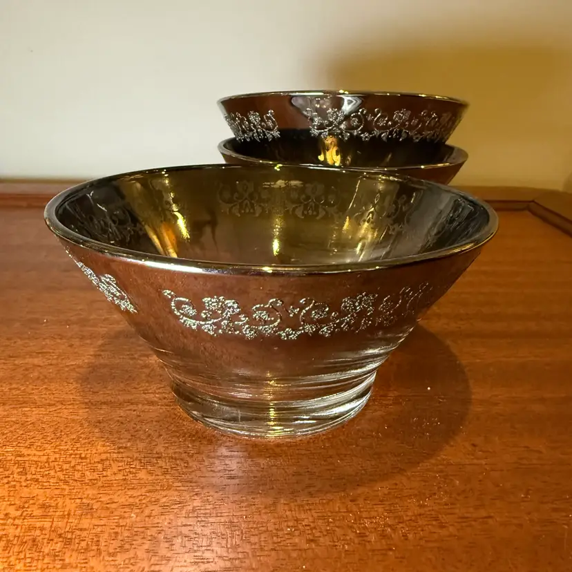 Set of 3 Glass Bowls with Silver-Tone Floral Bands