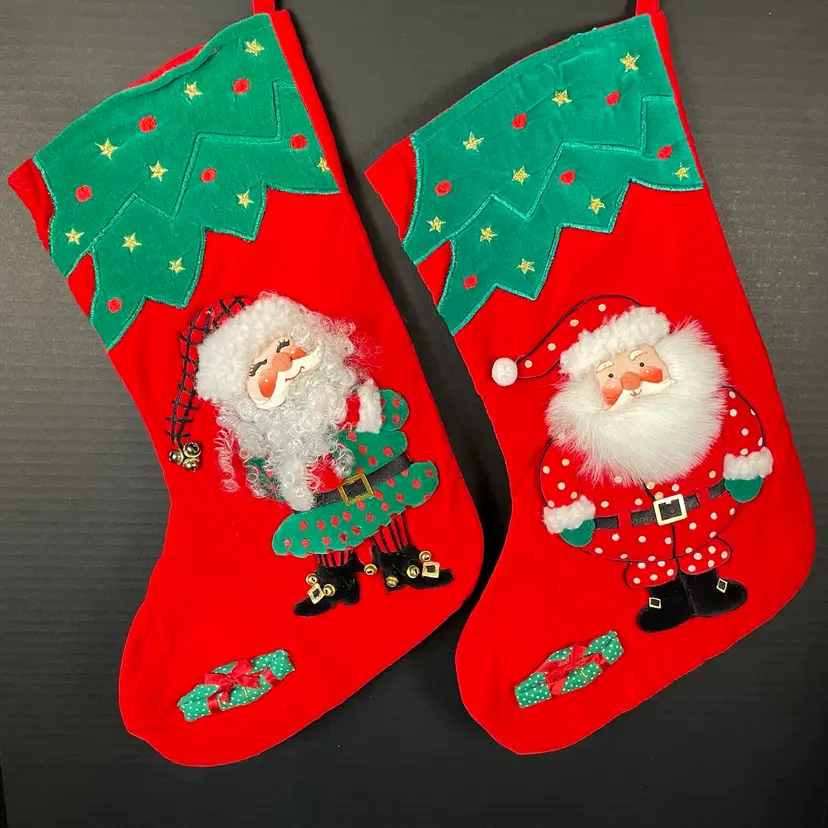 🌊🎄☀️ Christmas Stockings Set Of 2 Applique 3D Santa Claus & Presents Red Velvet Vintage Pair ~18"