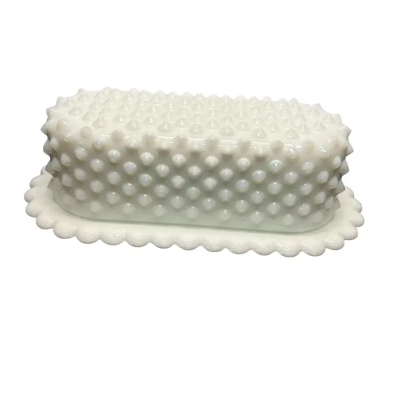 Vintage Fenton Hobnail Milk Glass Covered Butter Dish 7 1/2x3 1/2x 3
Rough Spot On One Hobnail
