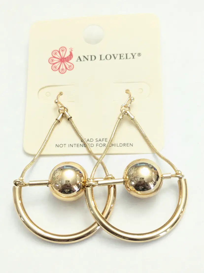 And Lovely Gold Tone Geometric Dangle Drop with Orb Pierced Earrings NWT