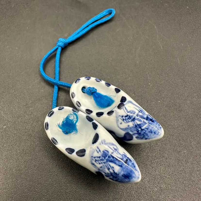 Miniature Delft Blue White Windmill Clog Pair, 1/2” X 1.25”