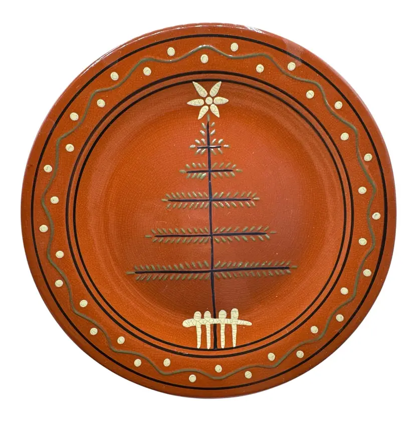 Wisconsin Pottery K&K Interiors Redware Slip Folk Art Christmas Tree Plate 13”