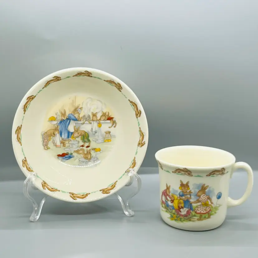 Royal Doulton Bunnykins 2 Piece Set English Fine Bone China Handled Cup Mug Bowl