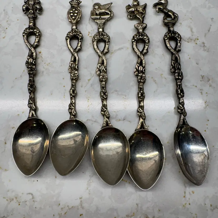 Vtg Set 5 Italy Demitasse Spoons Florence Venice Lion Griffin Fleur De Lis