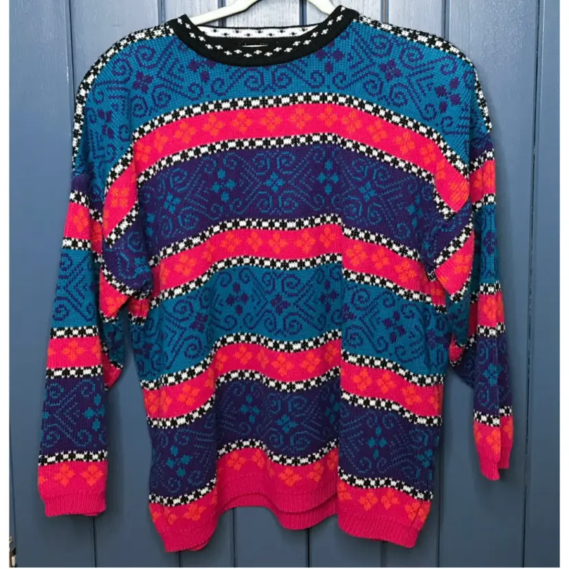 Vintage Stefano Colorful Geometric Pattern Sweater Size Large Bold Punk 90s Y2K