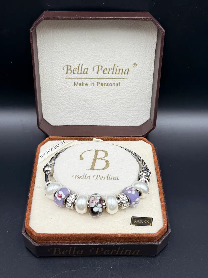 Bella Perlina European Charm Bracelet Silver Tone Purple Glass Beads New in Box