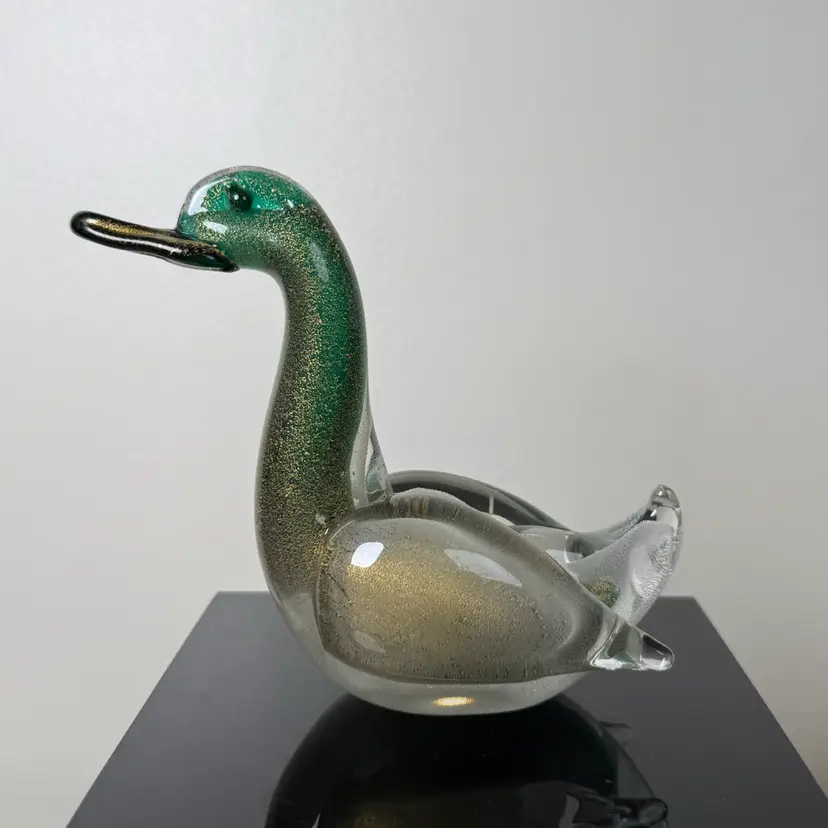 Murano Art Glass Duck/Bird Green To Clear Ombré with Gold Aventurine