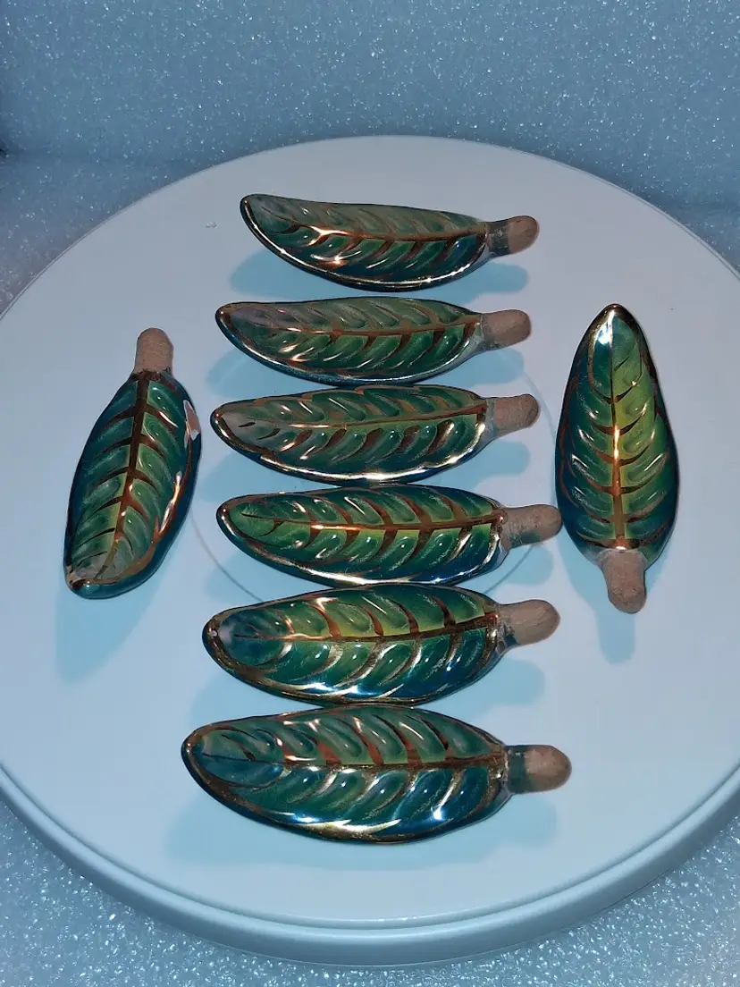 Vintage & Rare, Handmade Pottery Green/Gold Leaf, Knife Or Chopstick Rests, Set of 8