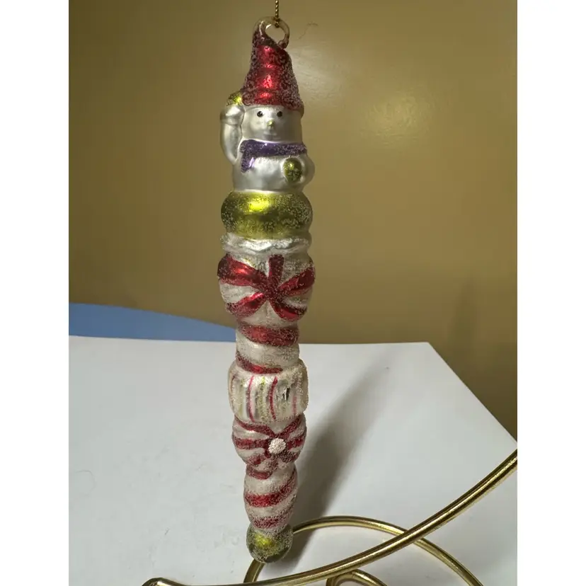 Glass Snowman Candy Stack Ornament - Red, Gold, Purple handblown frosted 8”