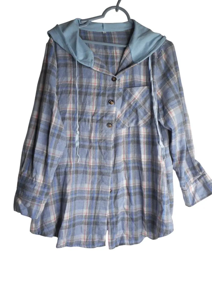 Flannel Hoodie shirt pink blue plaid button front Sz XL long sleeve