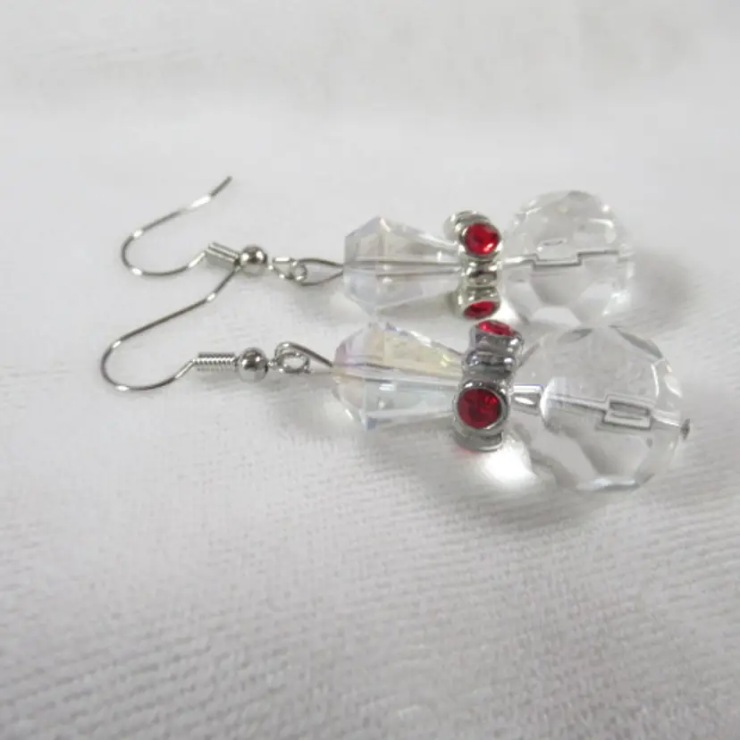 Clear and Red Earrings, Glass Faceted Beads with Vintage Red Rhinestone Spacer, handmade