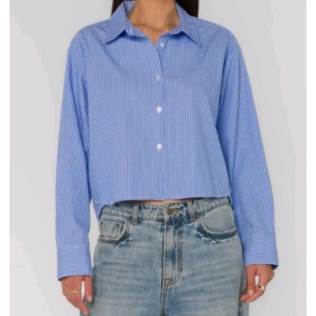 Womens Velvet Heart Crop Button Down Shirt With Rhinestones  Blue Top