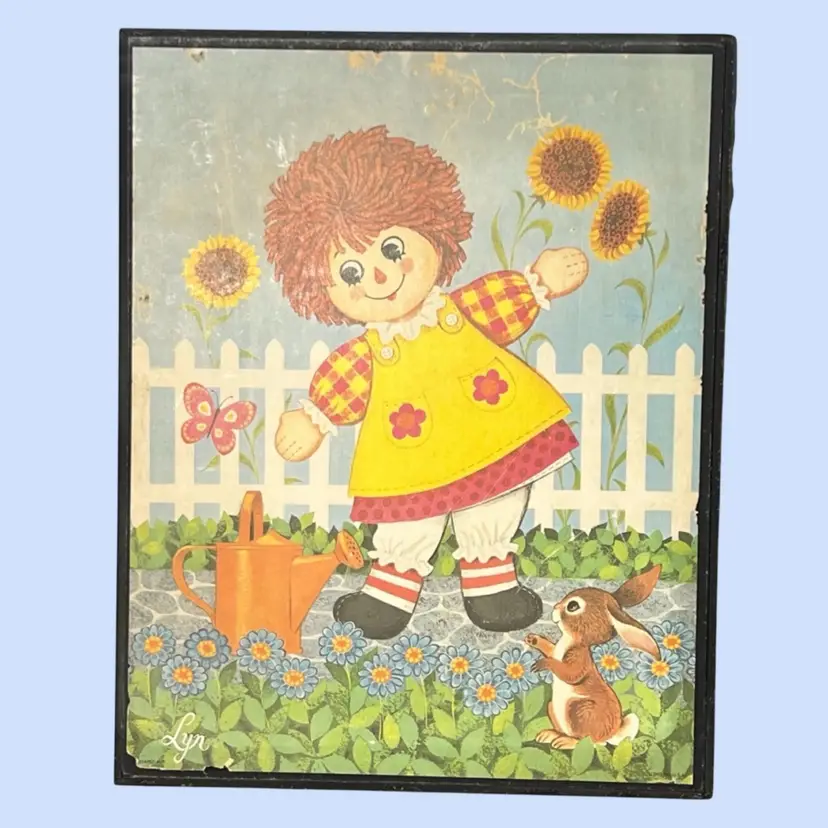 #461- Vintage Raggedy Ann Wall Art Gardening Lithograph On Pressboard 1970s Signed Lyn