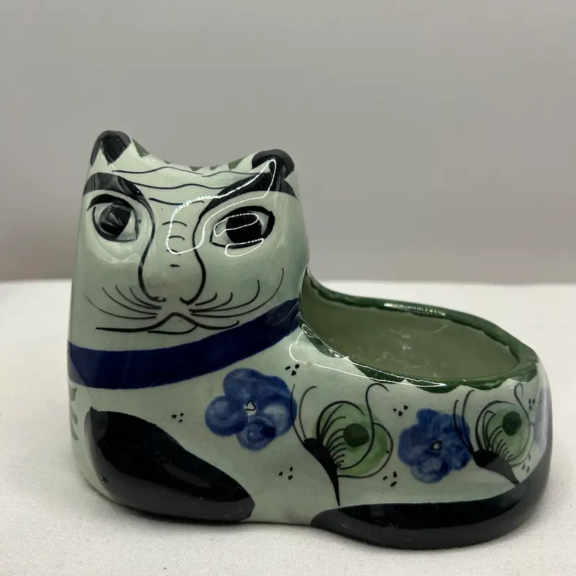 Vtg Tonala Mexican Folk Art Ceramic Pottery Cat Planter/ Trinket Holder