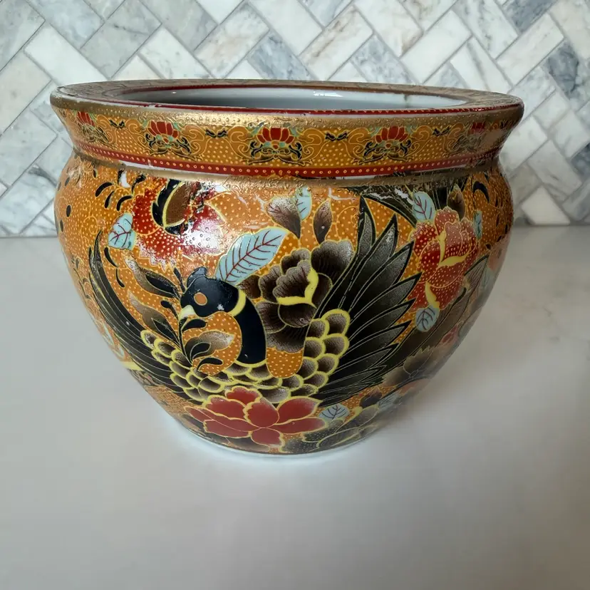 Chinese Vintage Ceramic Fish Bowl Satsuma Style Hand painted Planter Bowl 5” "H