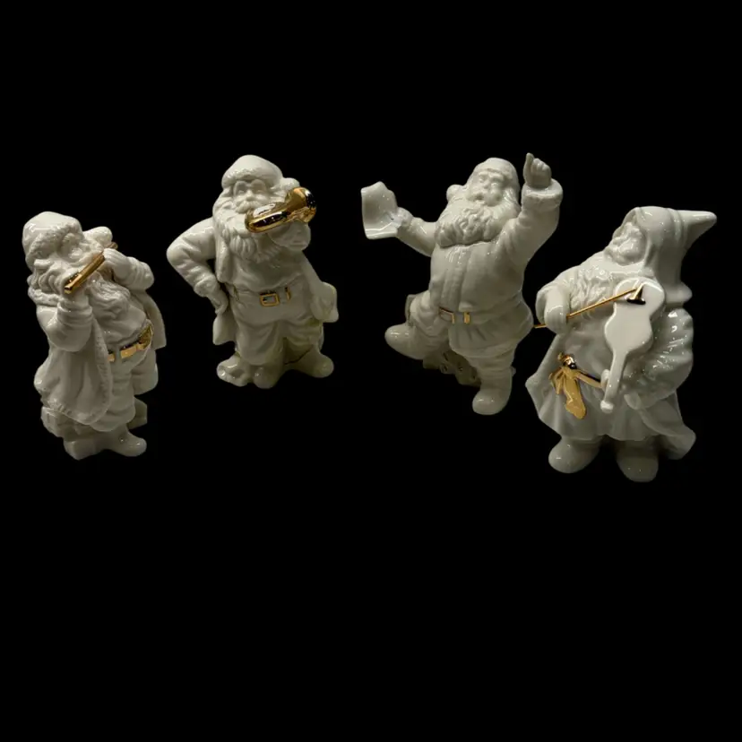 Lenox - 4 Ivory Santa Musicians Figurines - Flute Trumpet Violin Conductor Gold