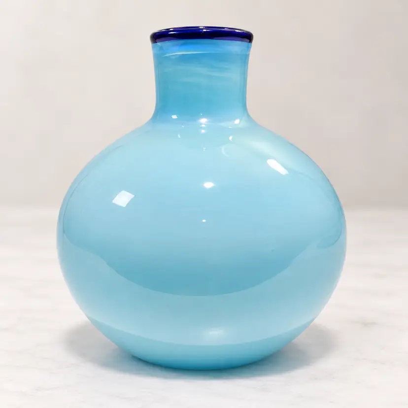 Vintage Hand Blown Aqua Blue Art Glass Bud Vase Cobalt Rim 5 Inch