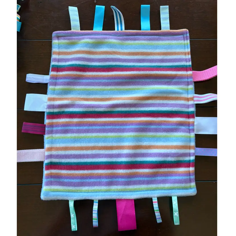 Handmade Sensory Baby/Toddler Snuggle Blanket. Fleece Body With Various Ribbons And Webbing Loops For Texture. 15”x13”