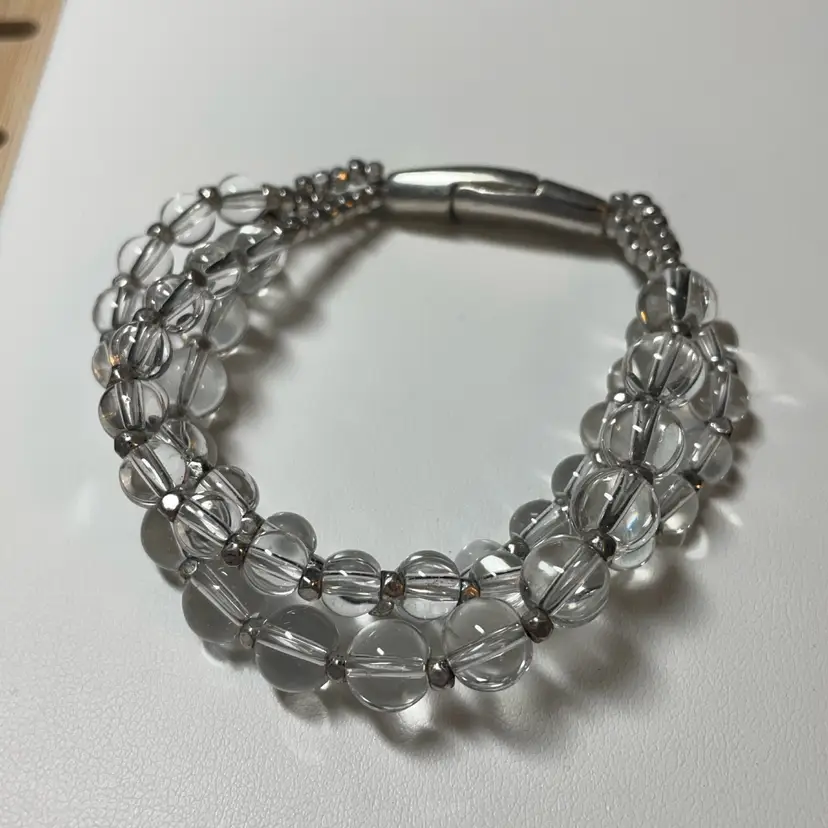 34 Elegant Crystal Glass And Silvertone Beaded Multi‑Strand Bracelet – Layered Crystal - Magnetic Clasp