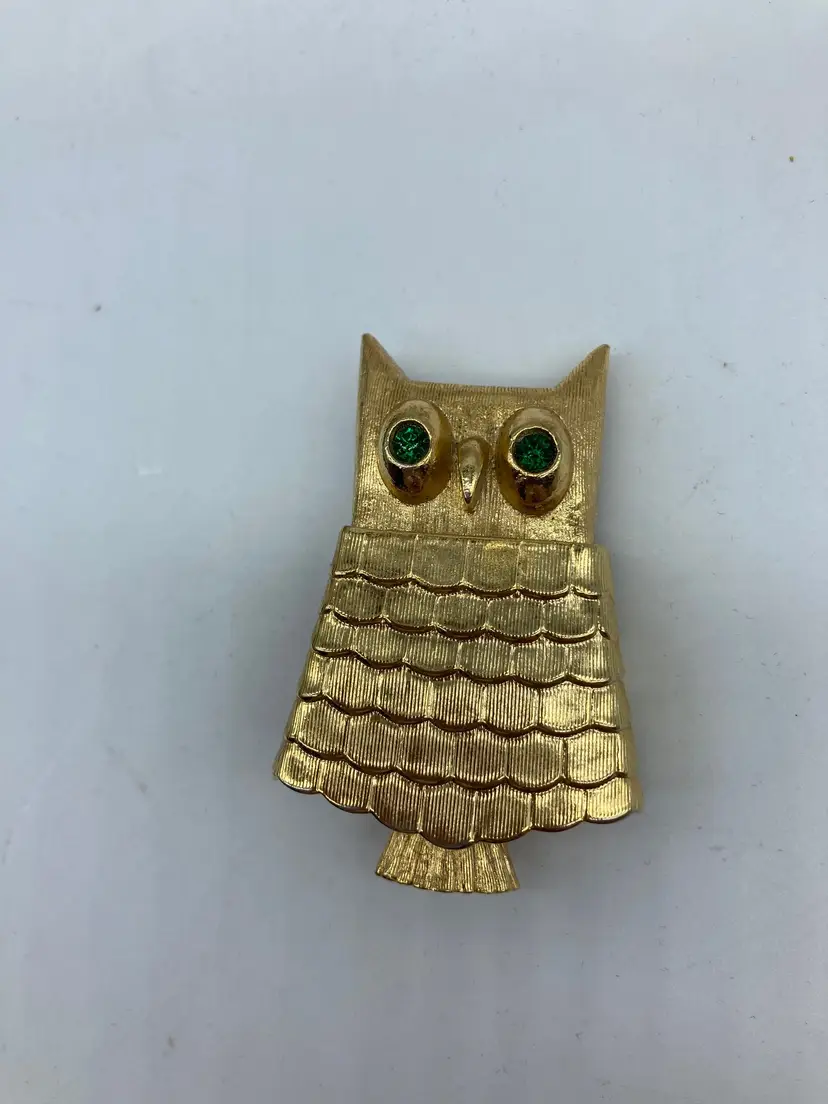 Vintage Avon Jeweled Owl Pin Brooch Perfume Glace Holder Green Rhinestone Eyes