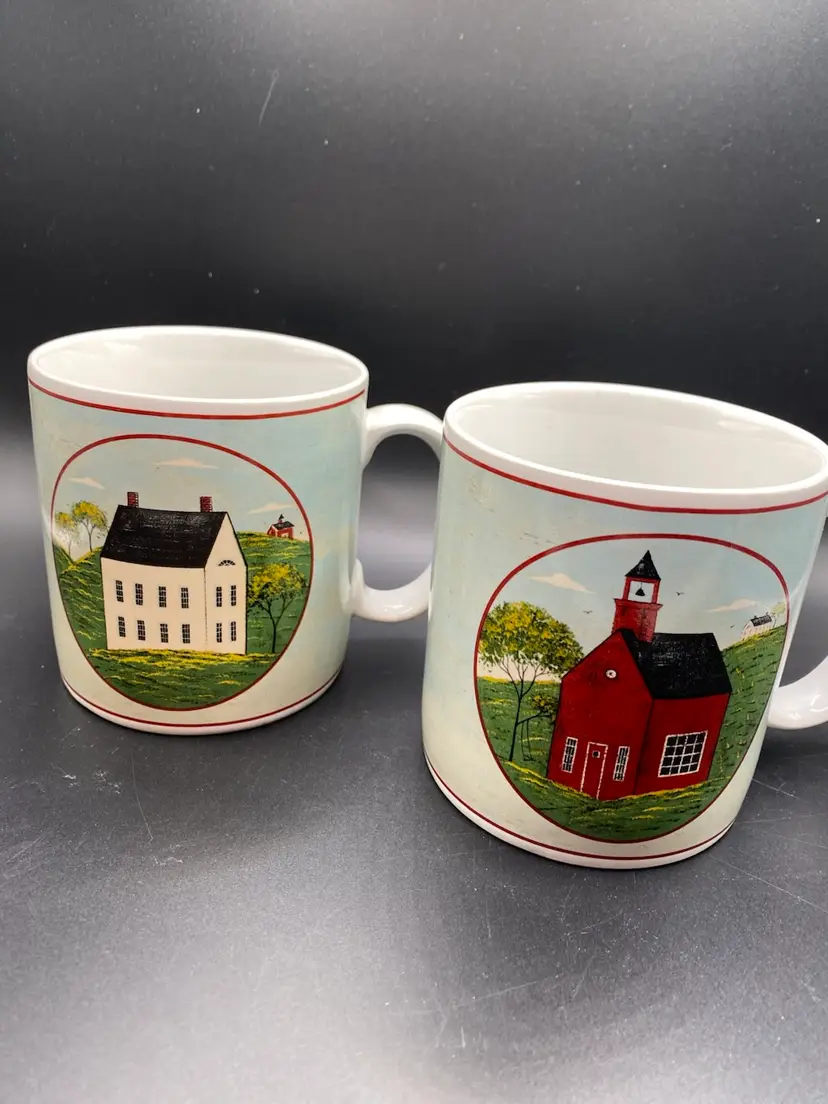 Vintage 1998 Sakura "Brandon House" Country Life Coffee Mugs by Warren Kimble - Set of 2 (Pristine, Unused Condition!)