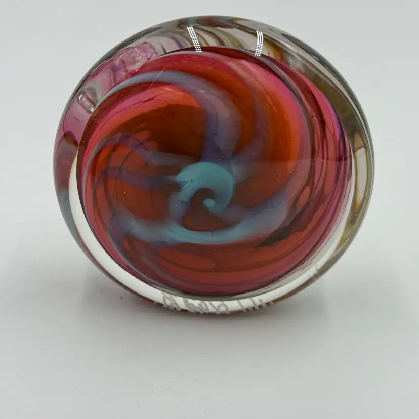 Hal David Berger Signed Art Glass Paperweight Vintage ‘94 Dual Flat Base Pink Red White Swirl
