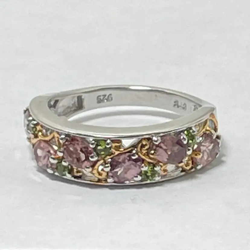 #24 - Size 7 Pink Tourmaline And Emerald 925 Sterling Silver Ring