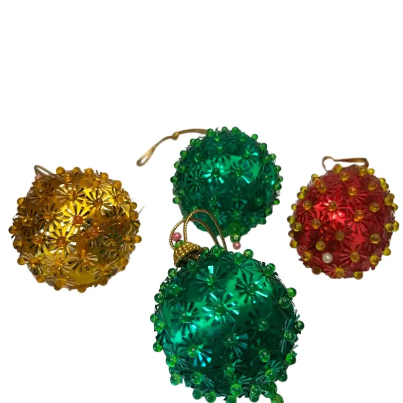 Set Of 4 Vintage Satin Ornaments With Beaded Adornment 2 Green Round 1 Gold Round And 1 Red Oval@2-31/2” Diameter