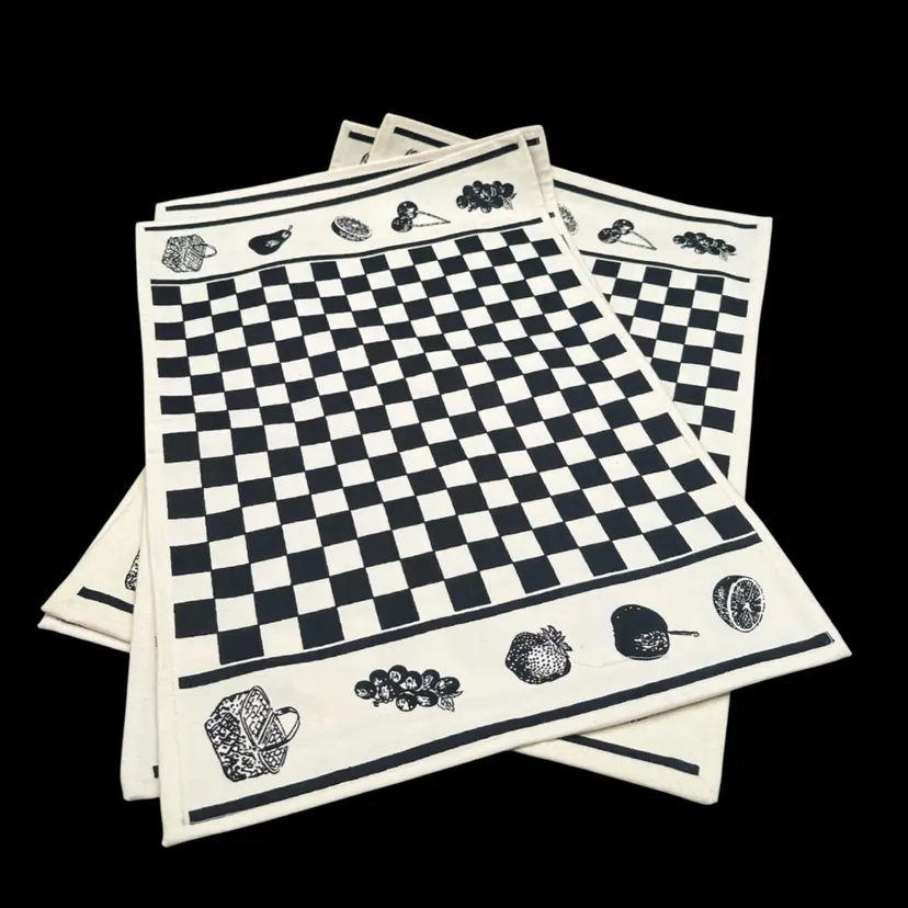 Block Stamp “Picnic” Checkerboard Fruit  Placemat Set Of 4, Canvas, Handmade 20”W 12”H