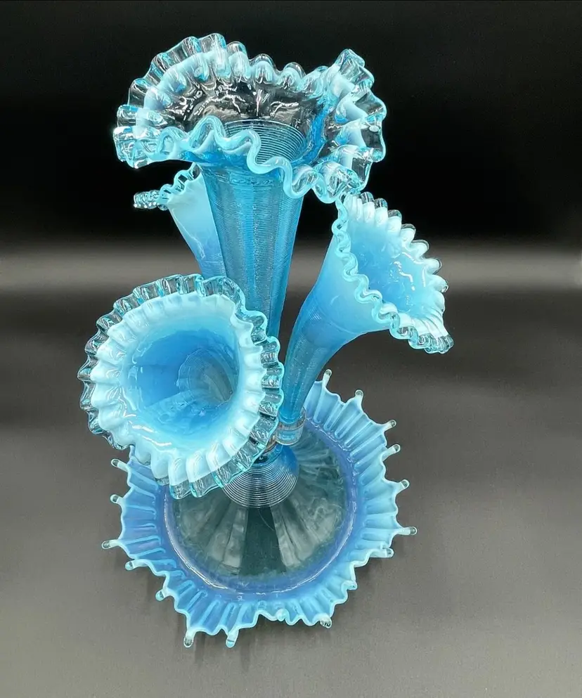 Vintage Fenton LG Wright 4 Horned Light Blue Epergne Centerpiece
