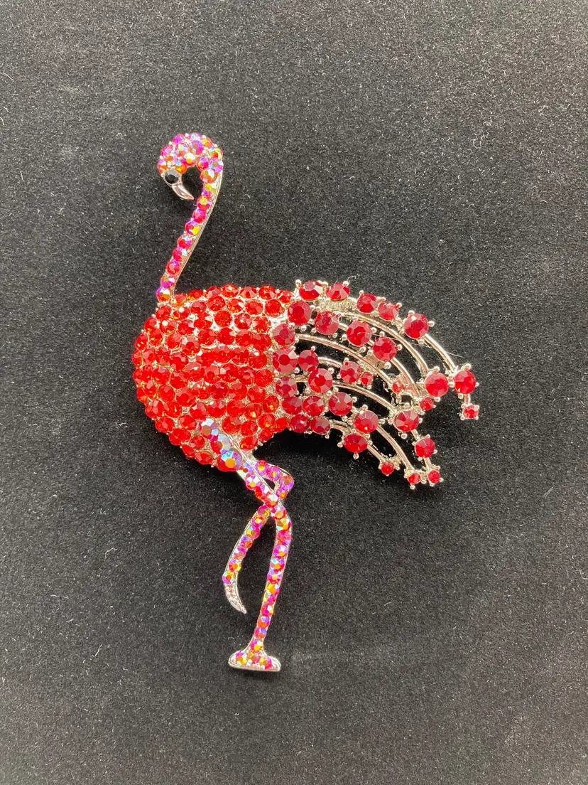 Costume Red Rhinestone Brooch Flamingo