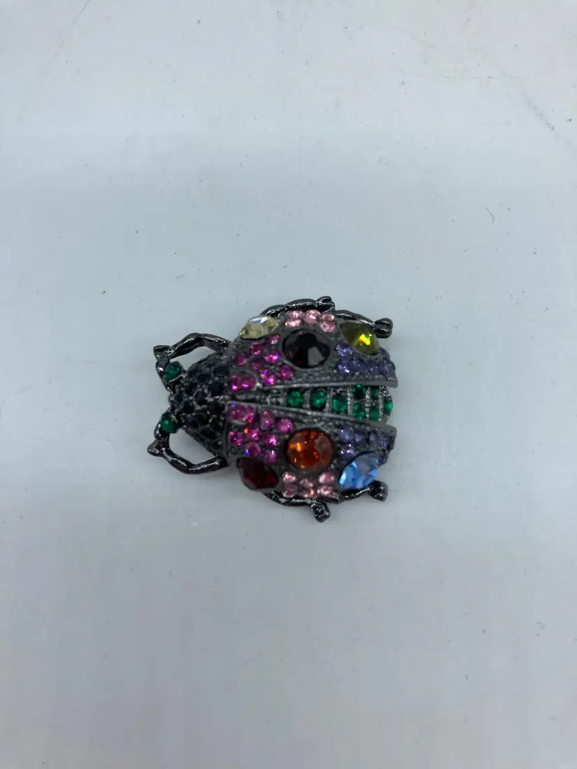 Vintage Gun Metal Multicolor Crystals Lady Bug Beauty Glam 1.2” Brooch Pin